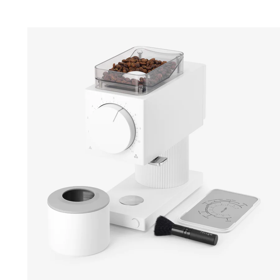 Fellow Ode Brew Gen 2 Electric Coffee Grinder Matte White Accessories Oblique View